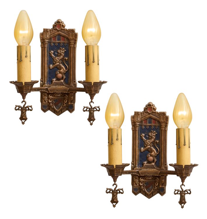 Vintage Sconce Romance Revival Double Candle Bronze Lion Motif