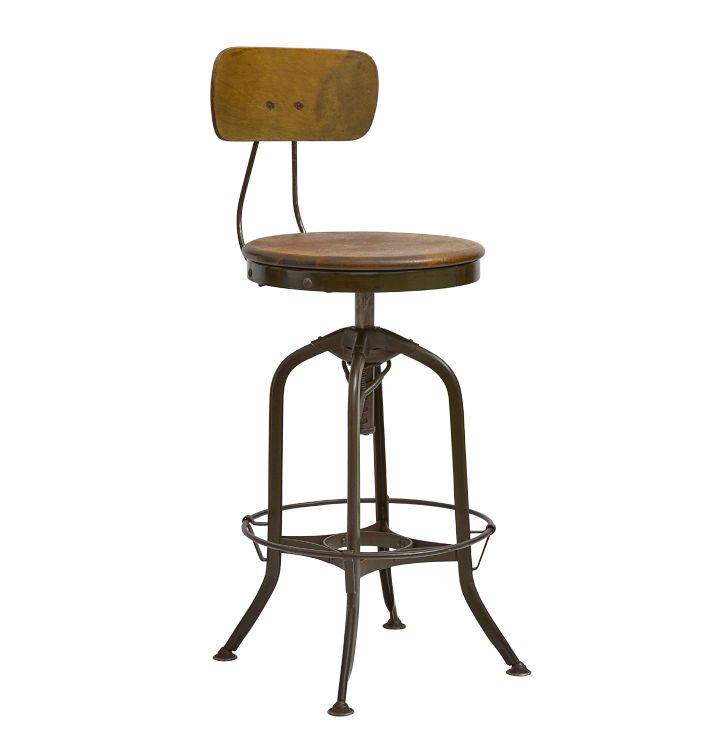 Vintage Stool Industrial Toledo-Style Adjustable Height Wood Seat Ca