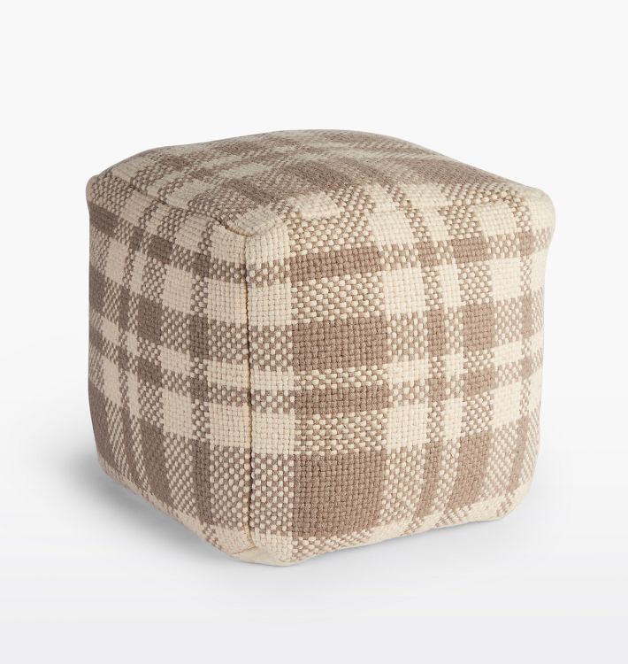 OPEN BOX: Plaid Wool Pouf, 16" x 16" x 16" - Ivory