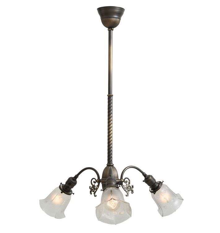 Vintage 3-Light Victorian Chandelier with Rope Tubing Detail and Pressed Glass Starburst Shades