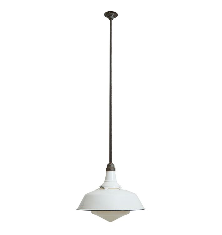 Vintage Industrial Pendant with White Enameled Outer Shade and Opal Glass Inner Shade