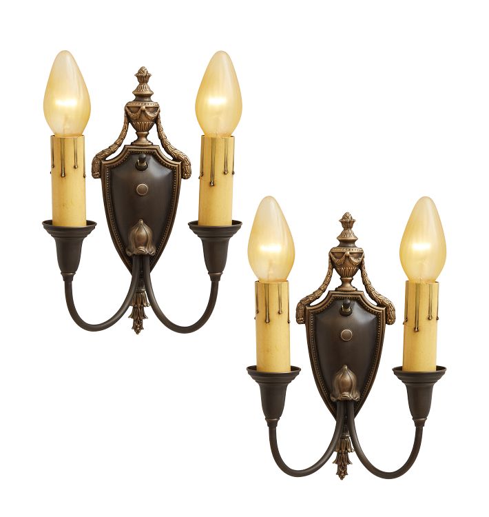 Pair of Vintage Classical Revival Double Candle Sconces with Urn Motif