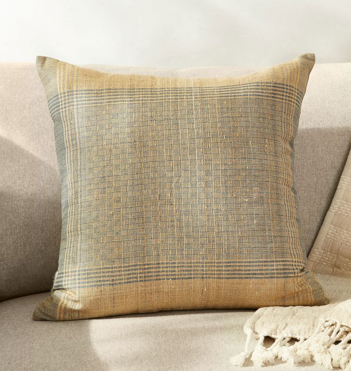 OPEN BOX: Plaid Striped Handspun Silk Pillow Cover, 20" x 20" - Blue and Gold