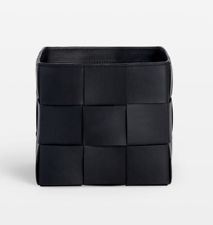 OPEN BOX: Leather Woven Basket - 8" X 8" X 8" - Black