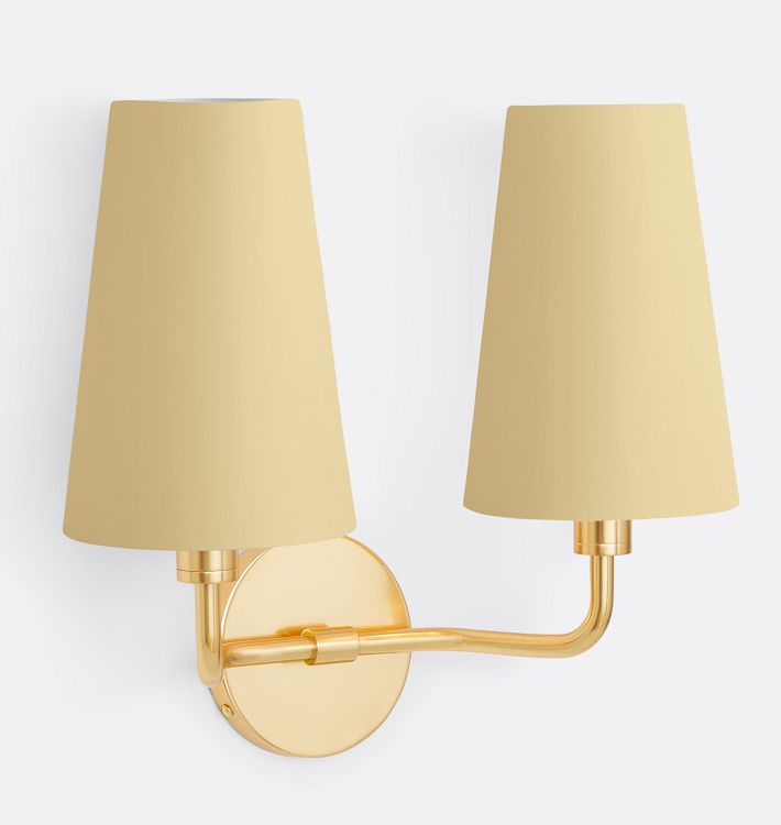 Ansel Double Sconce, Aged Brass - Tapered Matte Buttercup Shade