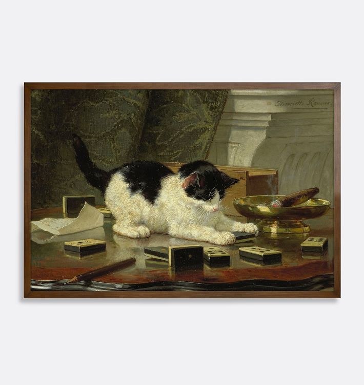 Cat At Play Framed Reproduction Wall Art Print, 22" x 32" - Walnut Finished Wood Cap Frame