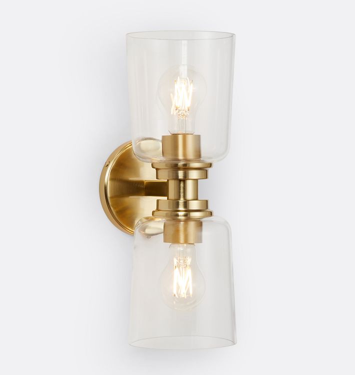 Maude Double Sconce, Antique Brass - Clear Shade