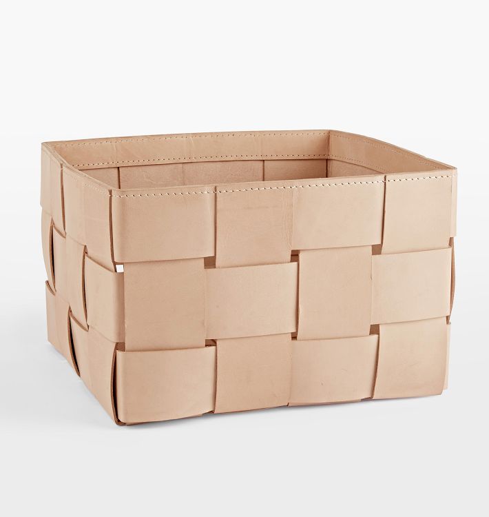 OPEN BOX: Woven Leather Basket, 12" x 12" x 8" - Natural