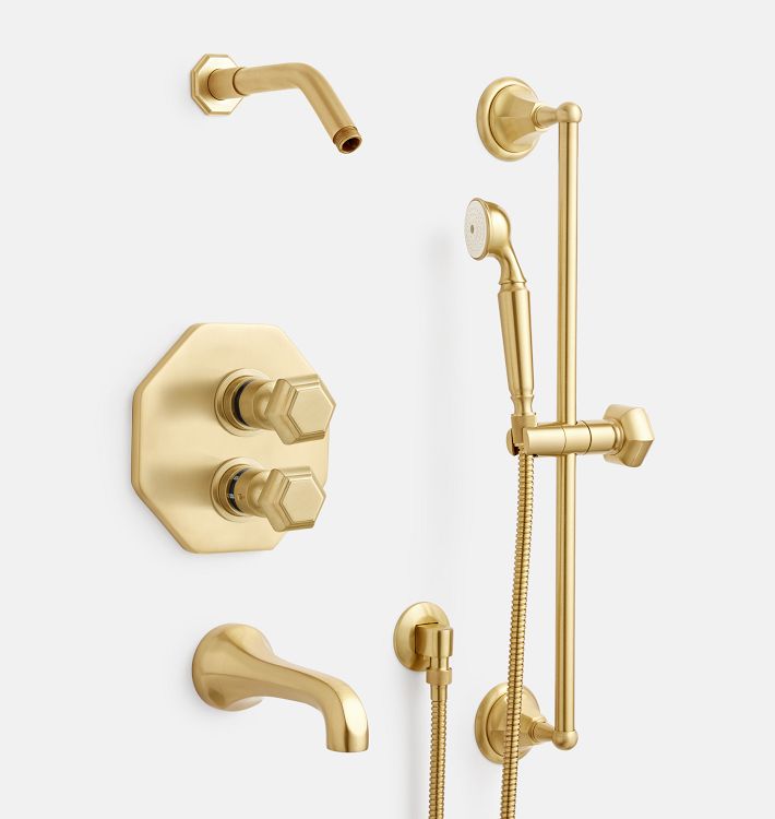 Canfield Thermostatic Tub Shower Set With Handshower, Aged Brass