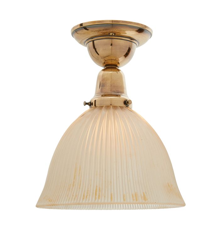 Semi Flush Mount with Vintage Fluted Glass Holophane Shade Aged