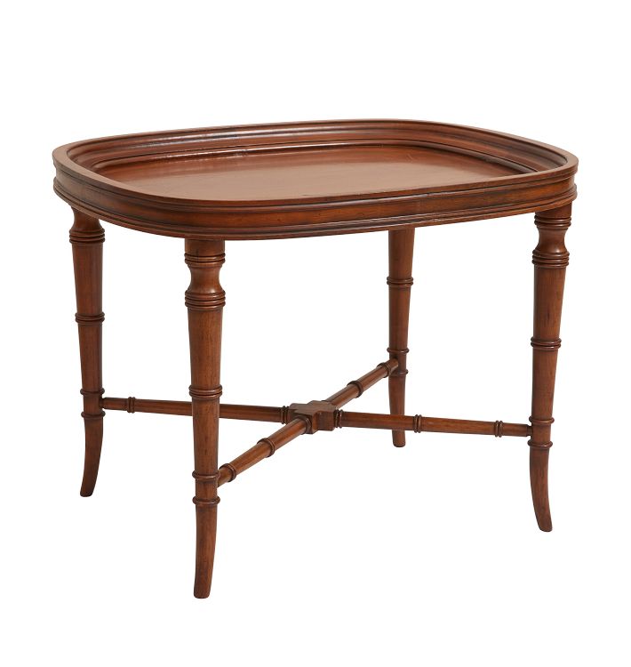 Vintage Carved Wood Tray Top End Table with Turned Legs and Stretcher