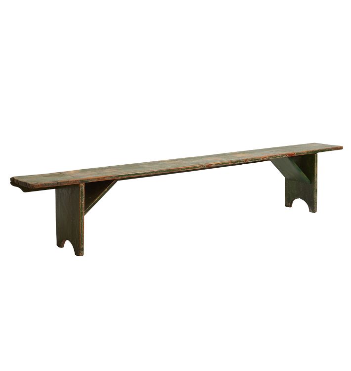 Primitive Vintage Extra Long Wood Bench with Worn Green Paint