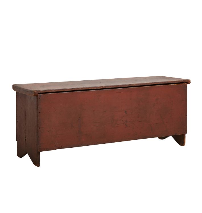 Rustic and Spacious Vintage Storage Bench with Worn Red Paint