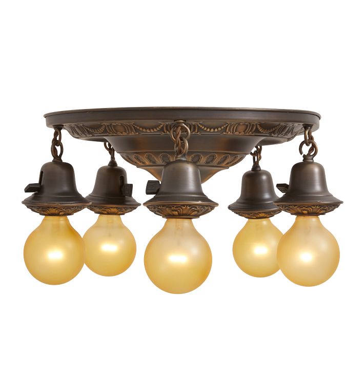 Vintage Flush Mount Pan Fixture 5 Light Bare Bulb with Classical Revival Details