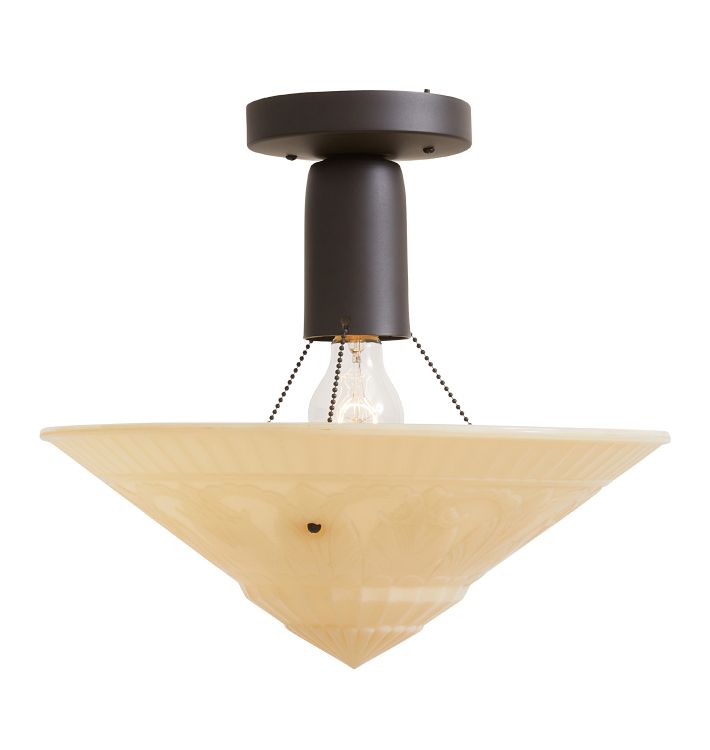 Vintage Semi Flush Mount with Superbly Detailed Art Deco Custard Glass Shade Bead Chain Fixture