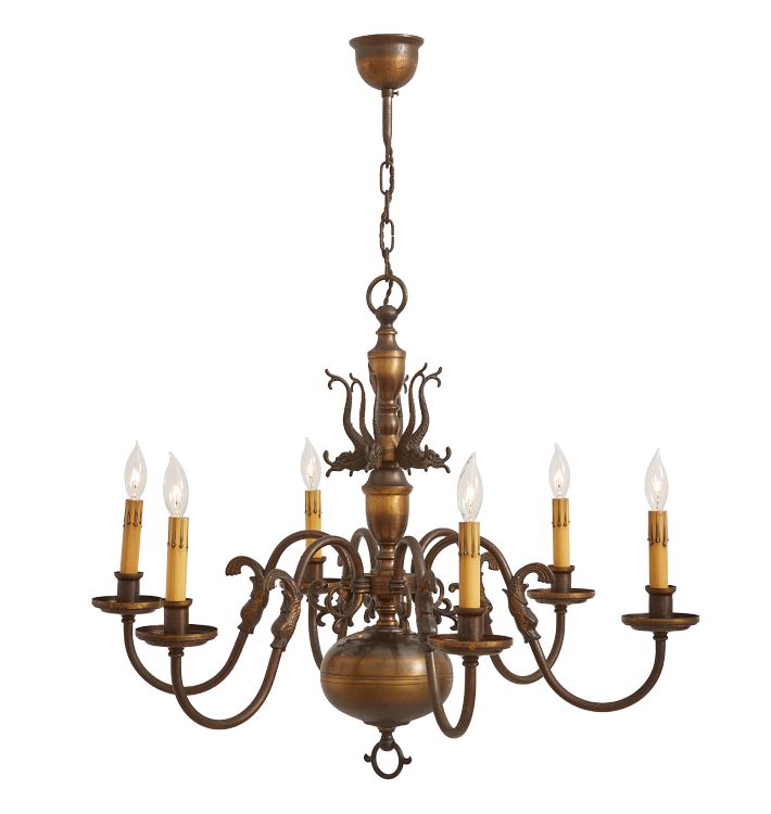 Vintage Flemish Style  6 Arm Candle Chandelier with Fish Motifs Dutch