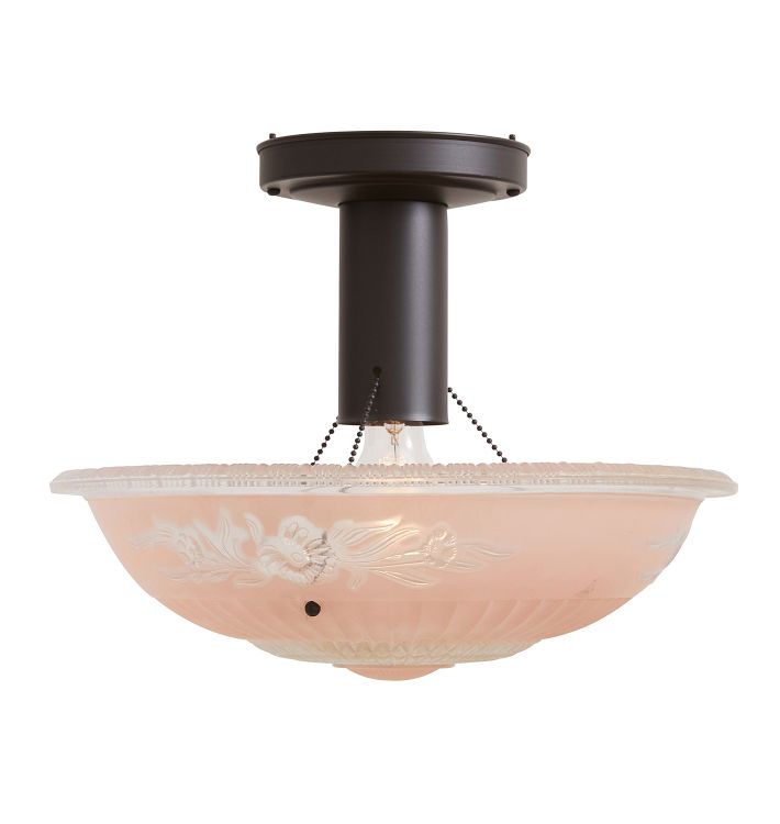 Vintage Art Nouveau Semi Flush Blush Glass Shade Embossed Floral Prismatic Design