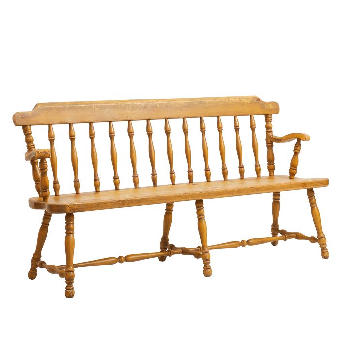 Vintage Traditional Wood Spindle Back Bench with Worn Yellow Paint