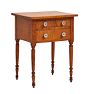 Incredible Antique Tiger Maple 2-Drawer Stand with Turned Ringed Legs and Original Sandwich Glass Pulls
