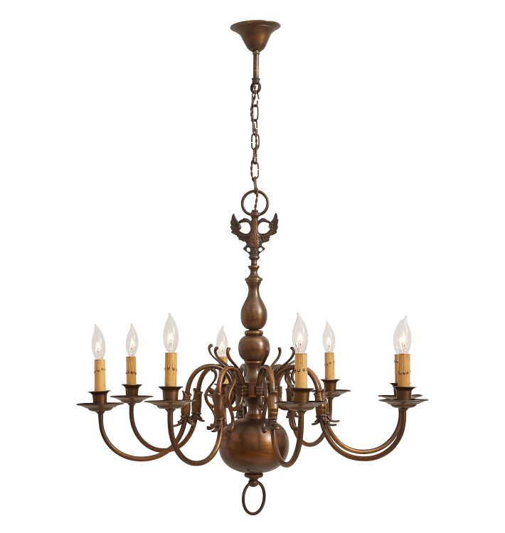 Large Vintage Flemish Style 8 Arm Chandelier with Fish and Bird Motifs Dutch