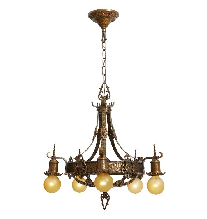 Vintage Tudor Style Chandelier 5 Light Bare Bulb Hammered Texture and Shields