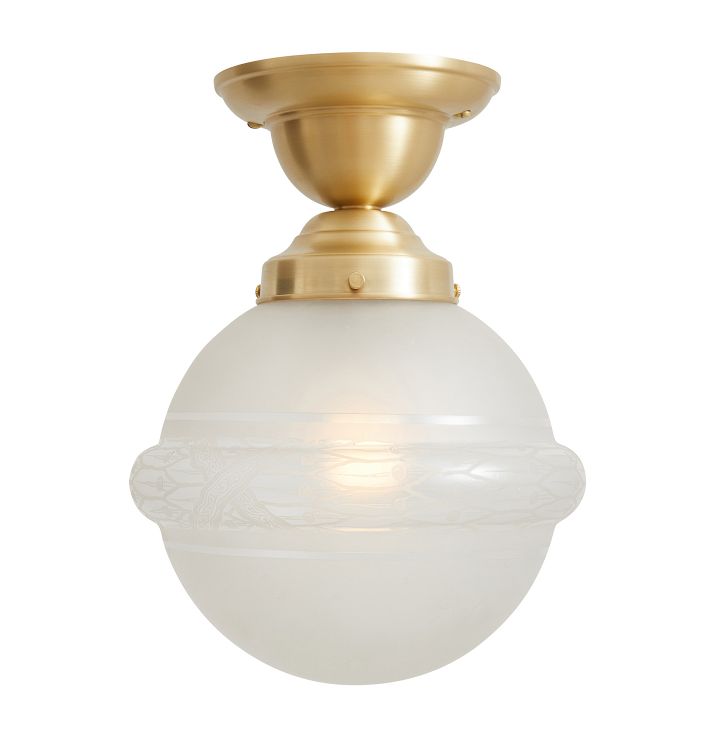 Unique Semi Flush Mount with Vintage Banded Glass Globe Shade Decorative Etchings