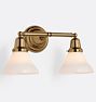 Rose City 2-1/4" Fitter Double Sconce, Heritage Brass - Schoolhouse Shades 2 1/4in fitter Med Bell OP - OPAL