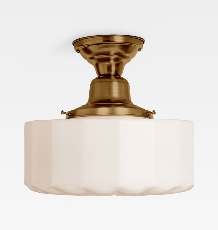 Rose City 6" Fitter Semi-Flush Mount, Heritage Brass - Shade faceted drum 6in fitter cased white