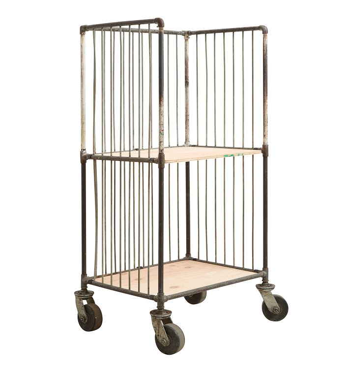 Vintage Industrial Rolling Rack Steel Frame Plywood Shelving Two Tie