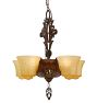 Vintage Art Deco Chandelier Cast Brass Bosy with 5 Lights Etched Amber Glass Shades