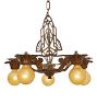 Vintage Art Deco Chandelier Brass Five Light Globe Shades