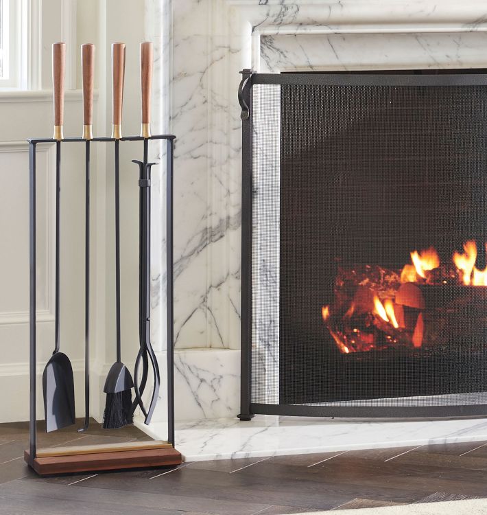 Mid-Century Brass & Walnut Rectangular Fireplace Tool Set