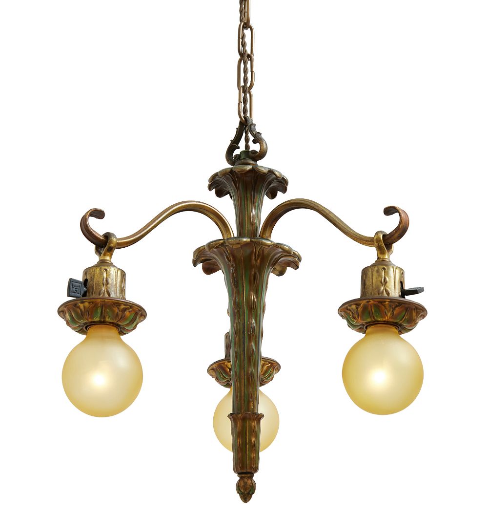 Vintage Art Deco 3 Light Chandelier with Botanical Motif by Rejuvenation