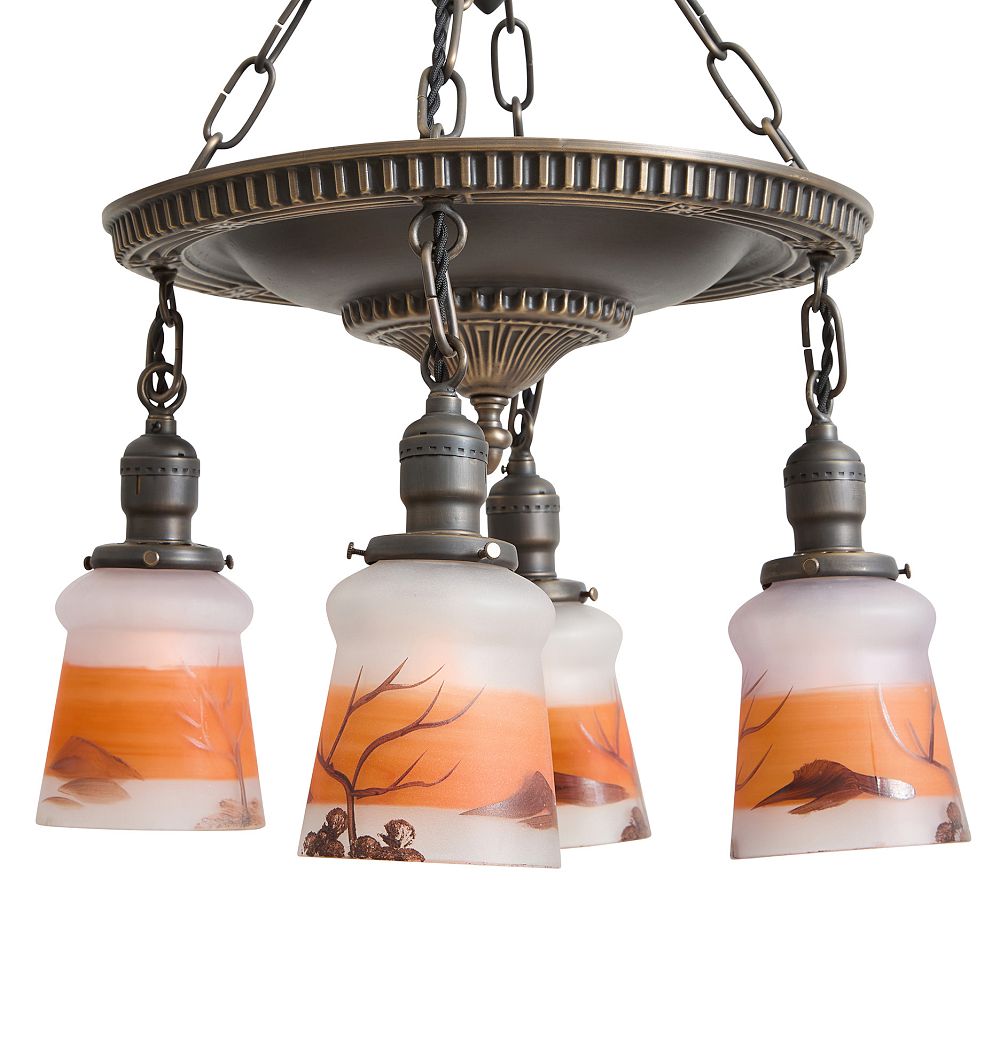 Vintage Classical Revival 4 light Pan Chandelier with Handpainted Desert Glass Shades by Rejuvenation