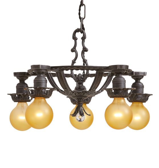 Vintage Classical Revival 5 Light Barebulb Chandelier with Cast Base and Faceted Crystal Finial by Rejuvenation