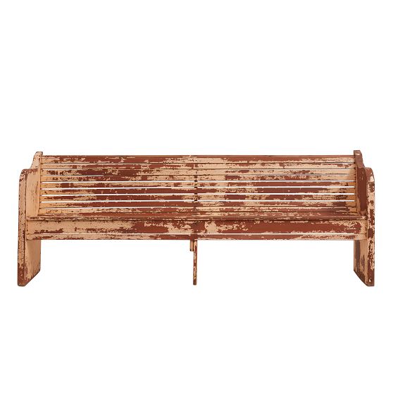 Vintage Wood Bench with Slatted Backrest High Arms and Worn Paint by Rejuvenation
