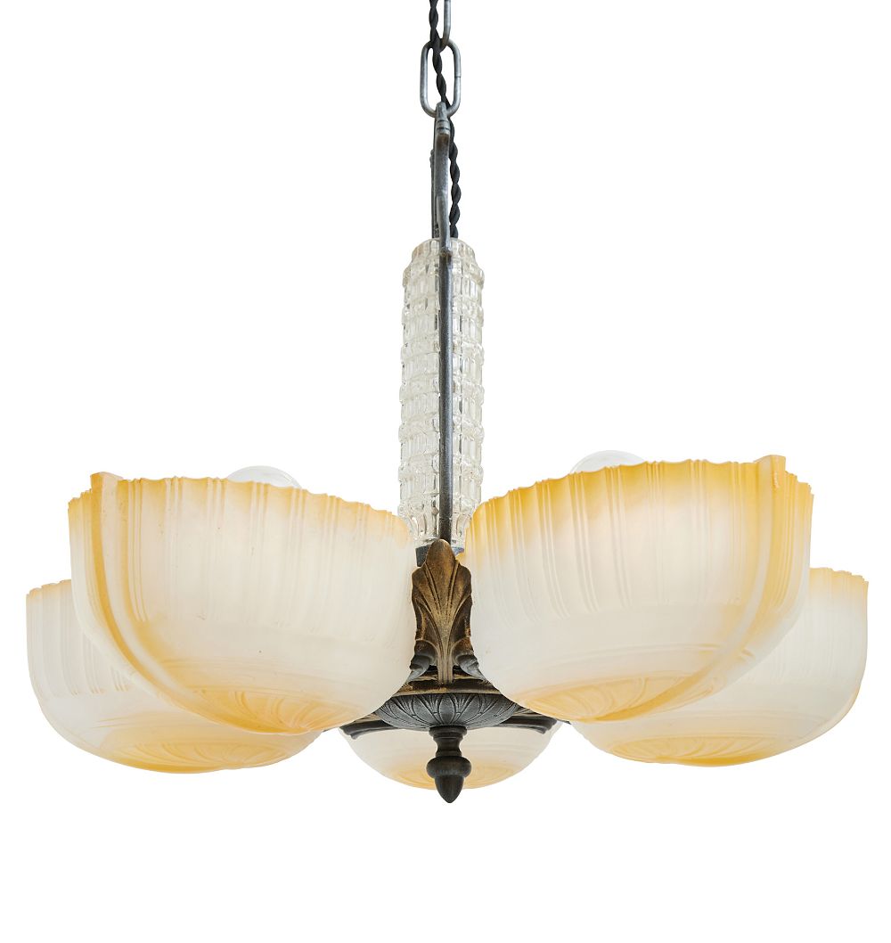 Vintage Art Deco 5 Light Chandelier with Gradient Slipper Shades and Glass Panel by Rejuvenation