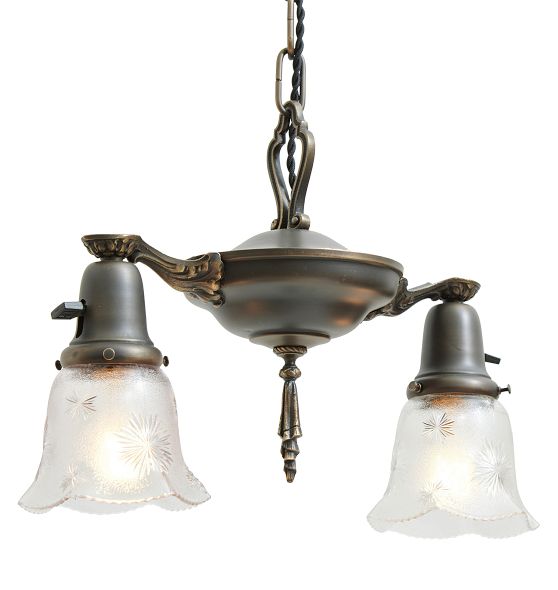 Vintage Classical Revival 2 Light Pan Chandelier with Ribbon Fineal by Rejuvenation