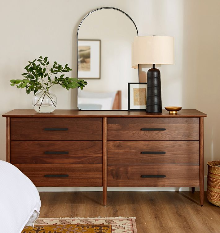 Shaw Walnut 6-Drawer Dresser, Bowan in Aged Brass
