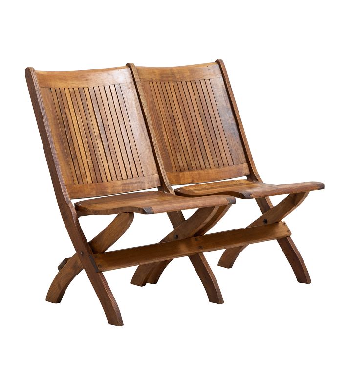 Vintage Traditional 20th Century Folding Theater 2-Seat Bench with Slated Back by Rejuvenation