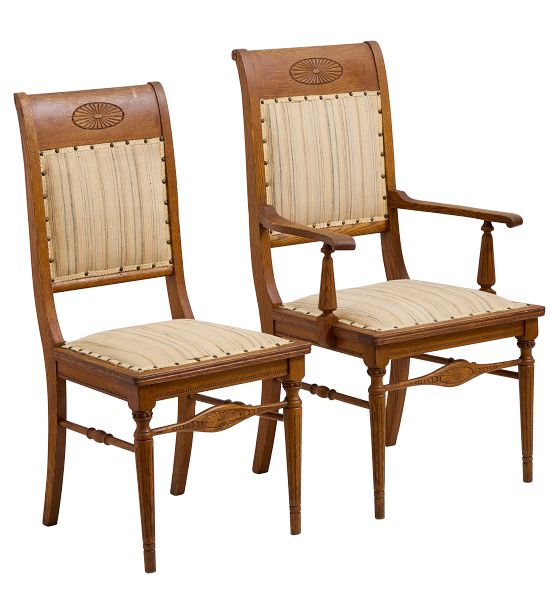 Vintage Classical Revival Striped Upholstery Dining Chairs Set of 6 by Rejuvenation