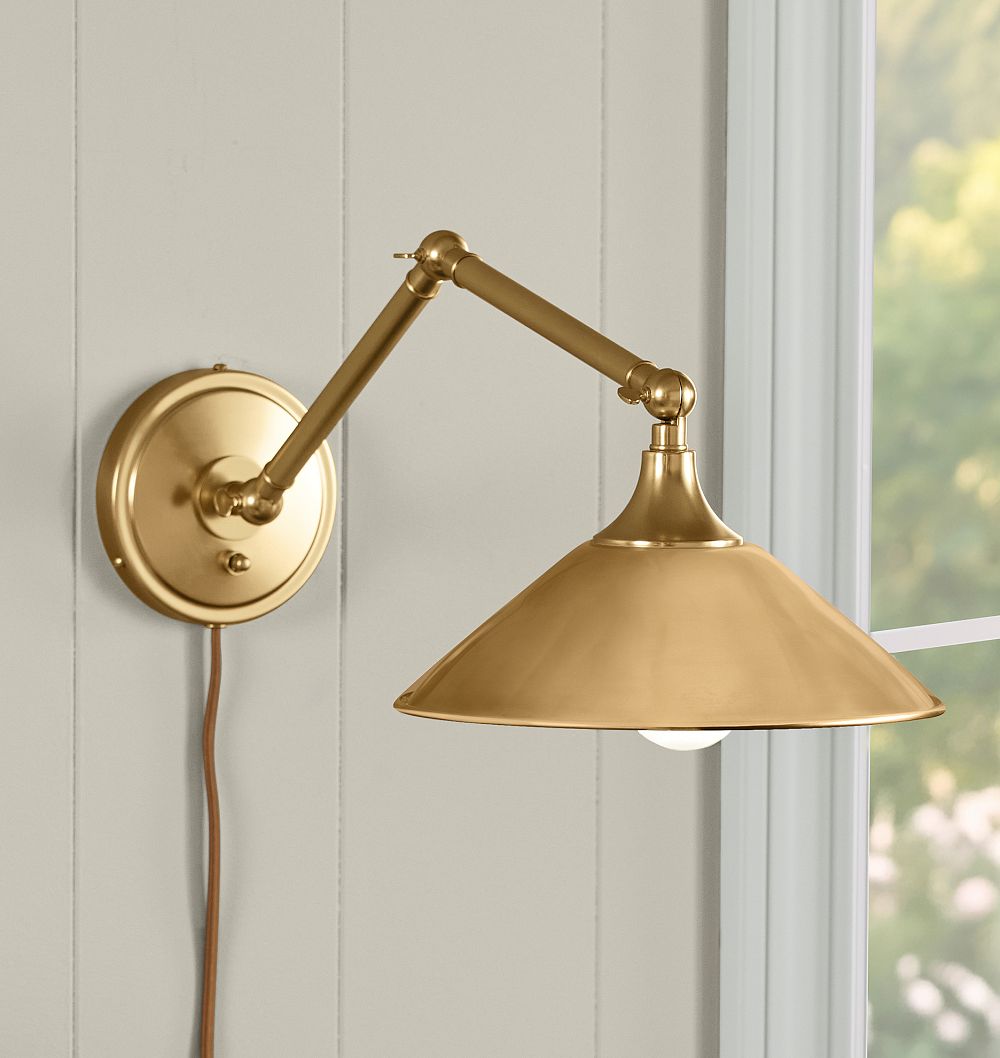 Poplar Articulating Sconce, Brass Shades by Rejuvenation