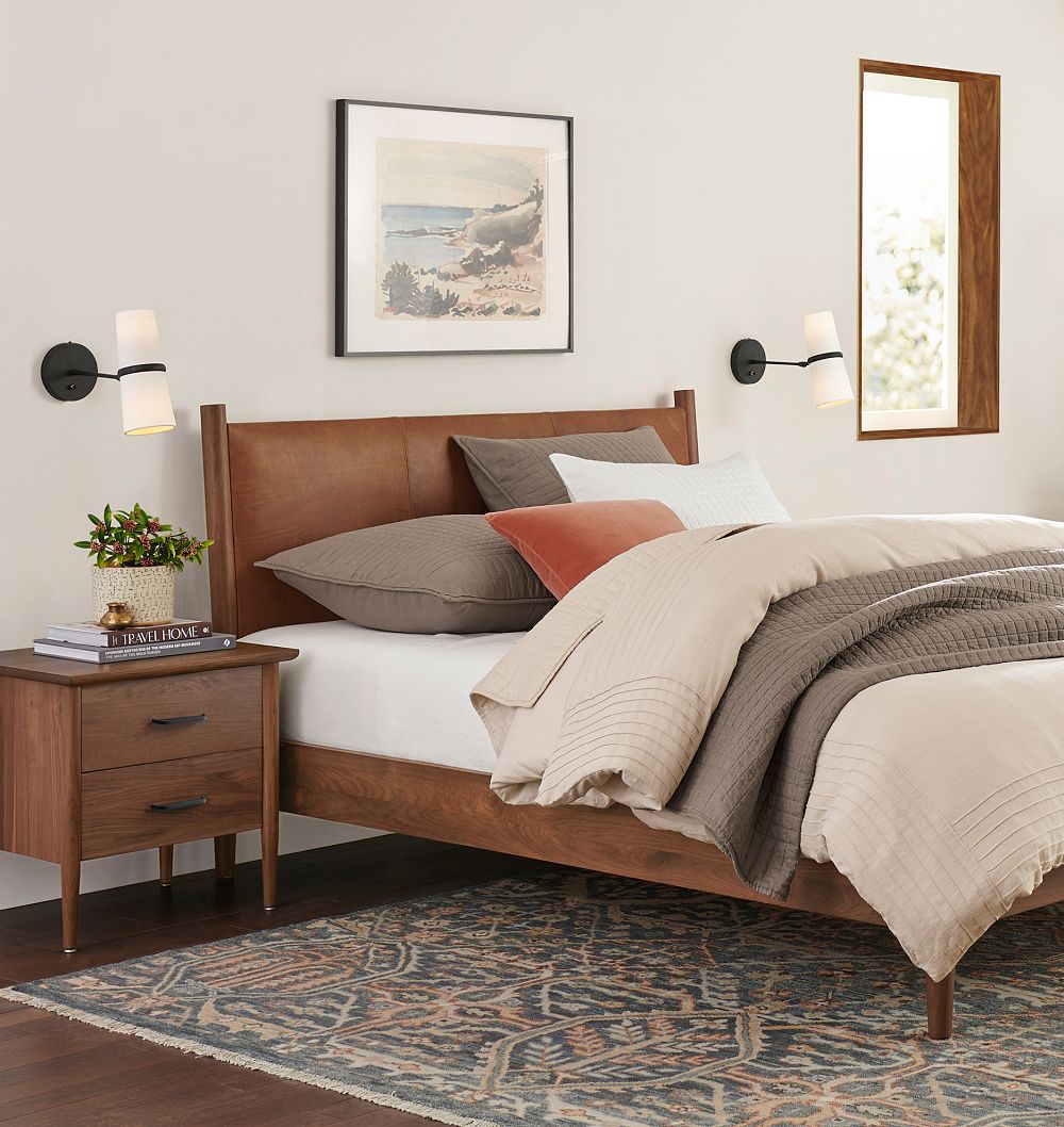 Shaw Walnut Bed with Leather Headboard by Rejuvenation