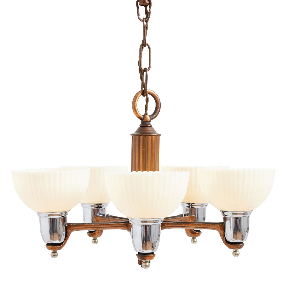 Vintage Art Deco Chandelier Streamline 5 Light Cup Shades by Rejuvenation