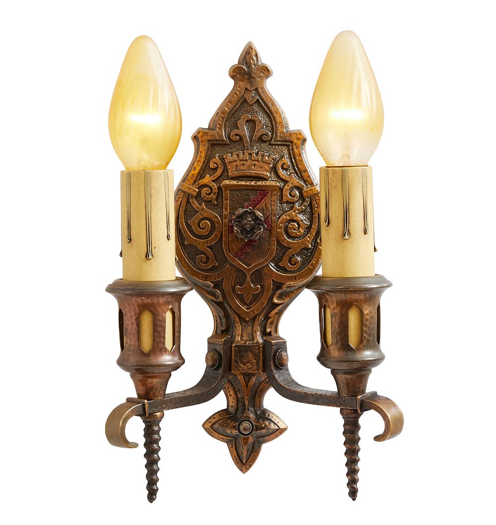 Vintage Pair Romance Revival Sconce Double Candle Light Shield Backplate by Rejuvenation