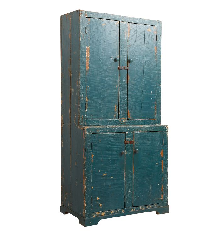 Vintage Early Painted Blue Step Back Cupboard | Rejuvenation