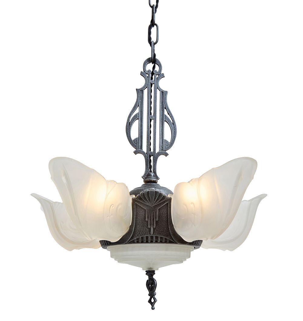 Vintage Art Deco Cast Iron Chandelier with Slipper Shades and Bottom Diffuser by Rejuvenation