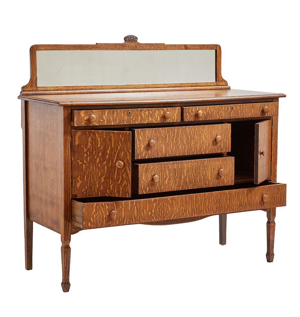 VintageTraditional Sideboard with Low Mirrored Backsplash in Tiger Oak c1900s by Rejuvenation