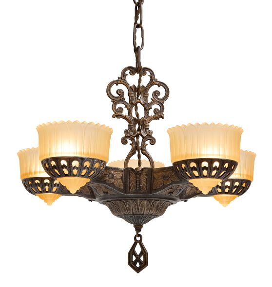 Vintage Art Deco Brass Chandelier with Fluted Cup Shades by Rejuvenation