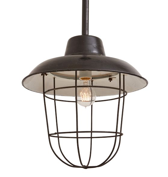 Vintage Industrial Caged Black Enamel Pendant by Rejuvenation